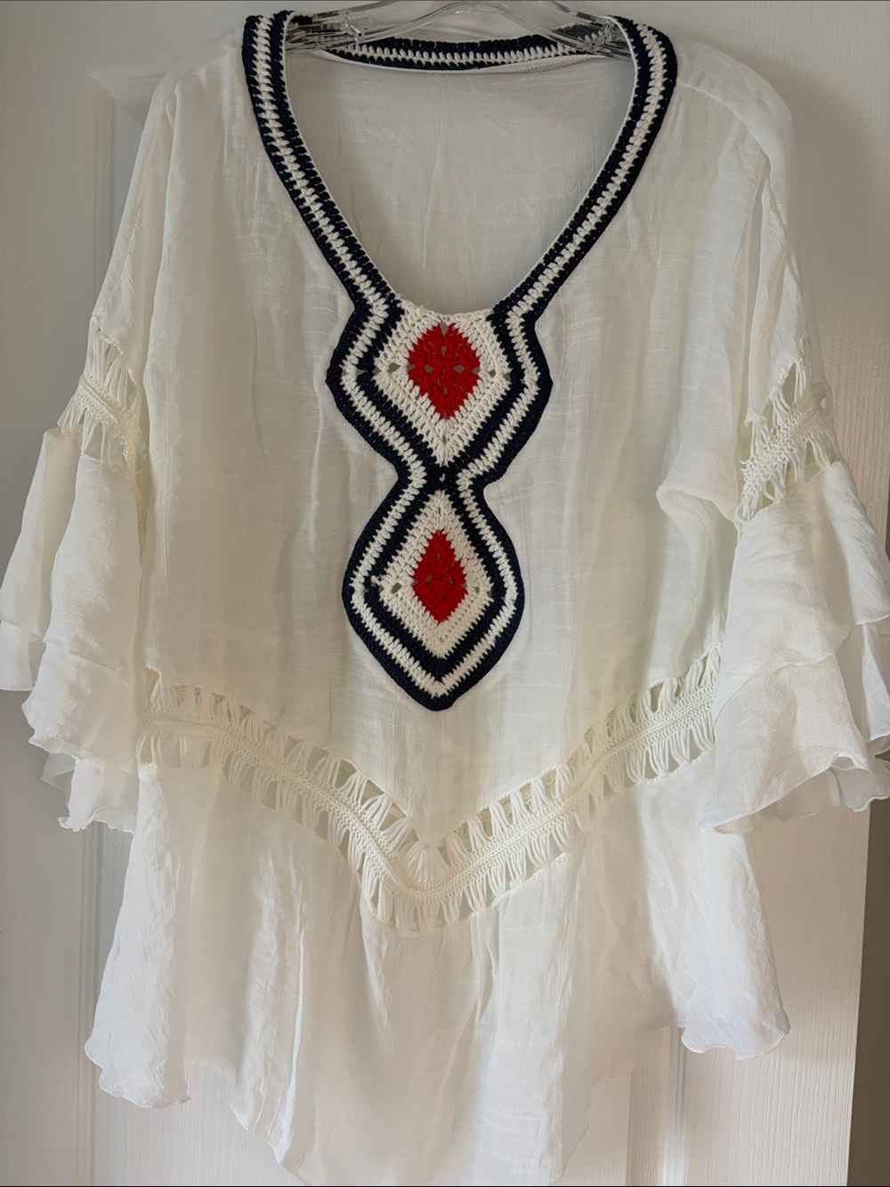 White Boho Tunic with Crocheted Navy & Red Detail